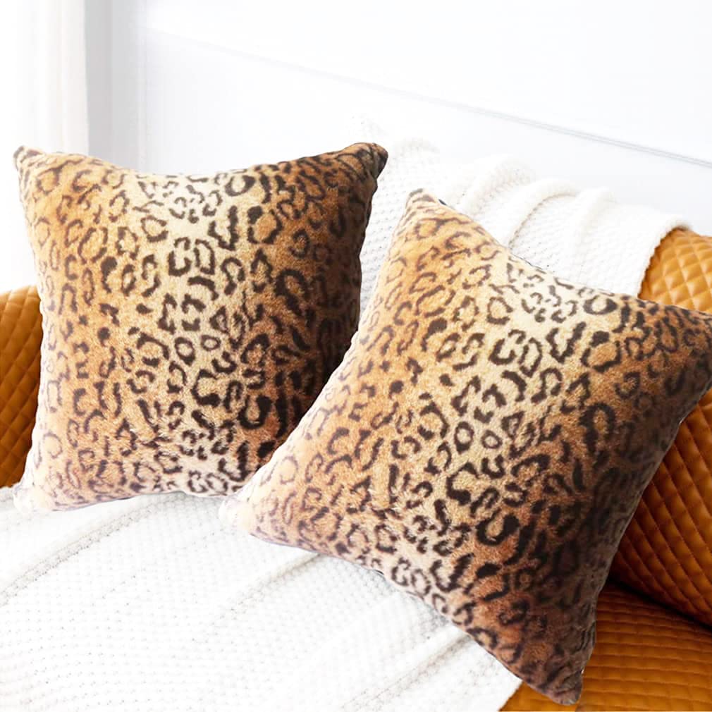 Entua Set Of 2 Jungle Wild Animal Leopard Skin Print Faux Fur 20X20 Throw Pillow Cover Luxe Soft Faux Fur Safari Cheetah Decor S