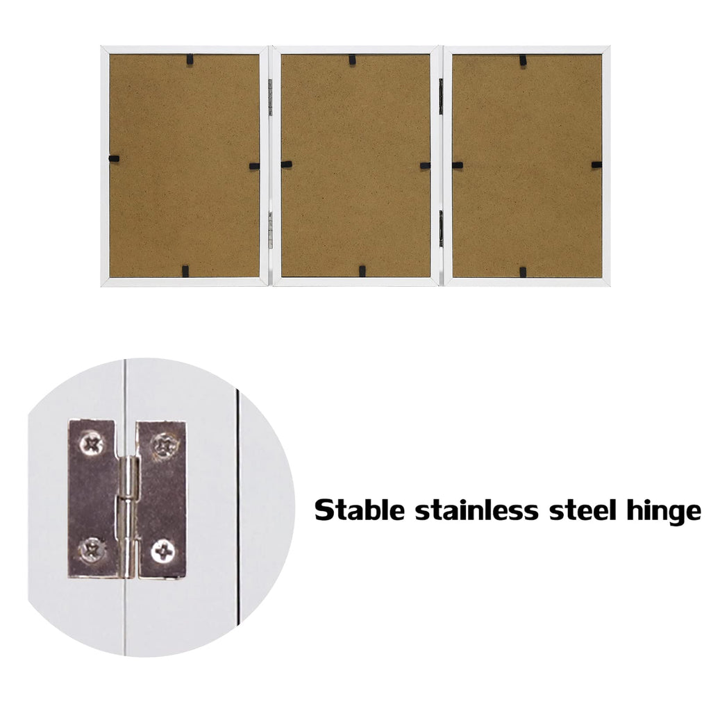 3 Picture Frame 4X6 Triple Hinged Mdf Wood With Glass Front Three Opening Photo Frame Stand Vertical On Tabletop, White