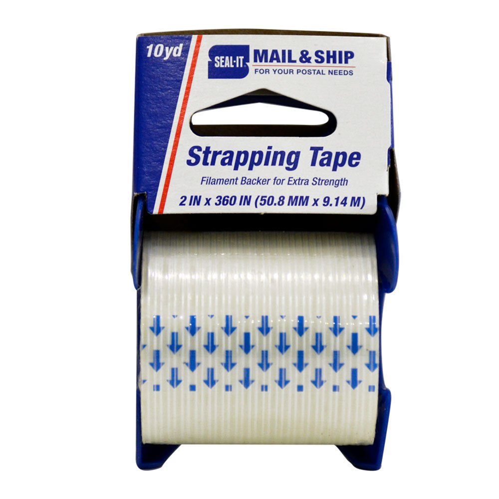 Seal-It Mail And Ship Strapping Tape, 2 Inches X 360 Inches, White, With Palmguard Dispenser Blue/Red (83716)