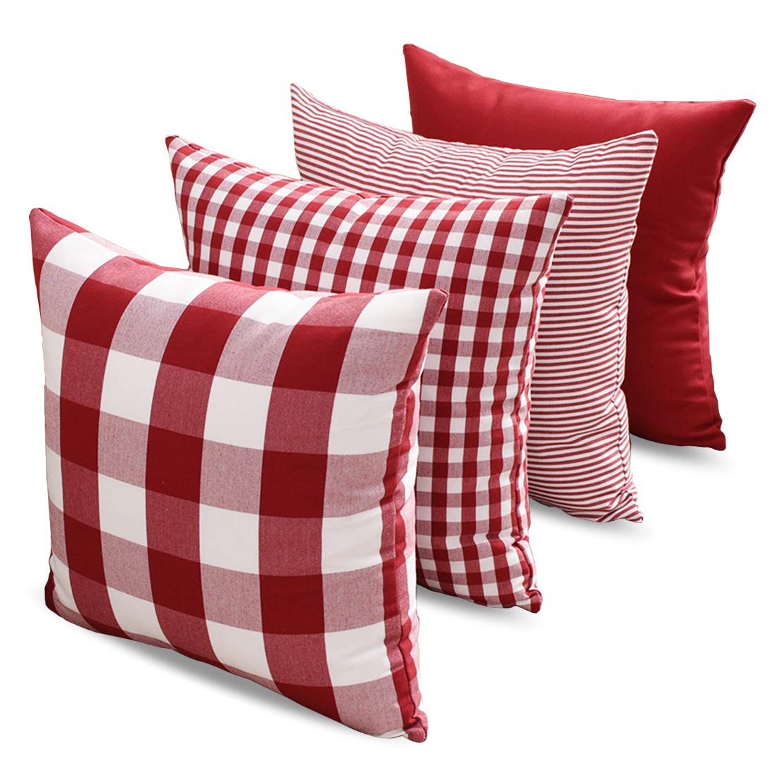 Carrie Home Red Plaid Decorative Throw Pillow Covers 20X20 Set Of 4, Burgundy Red And White Christmas Couch Pillows 20 X 20, Red