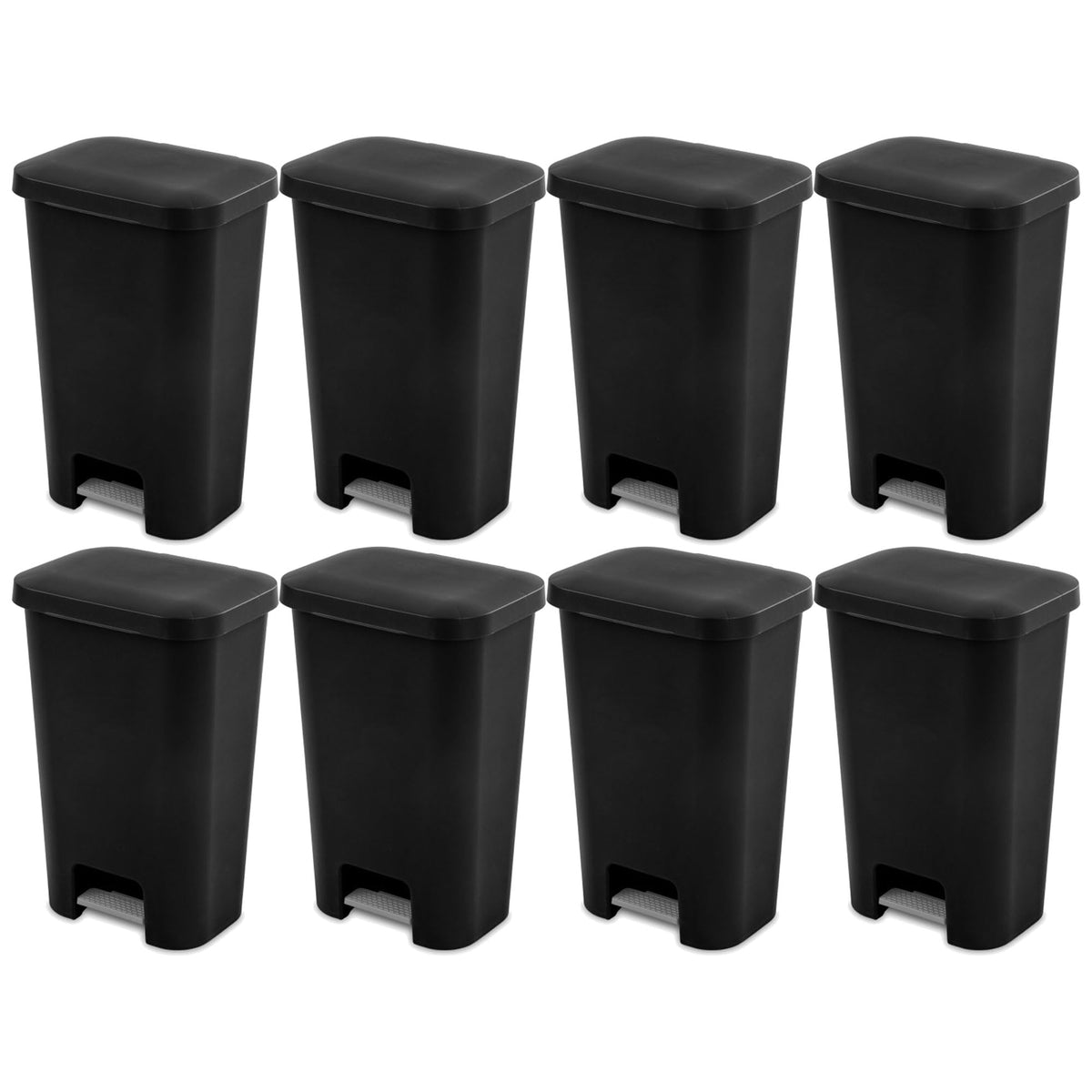 Sterilite Rectangular Step On Kitchen Wastebasket, 11.9 Gal, Black, 8Pack