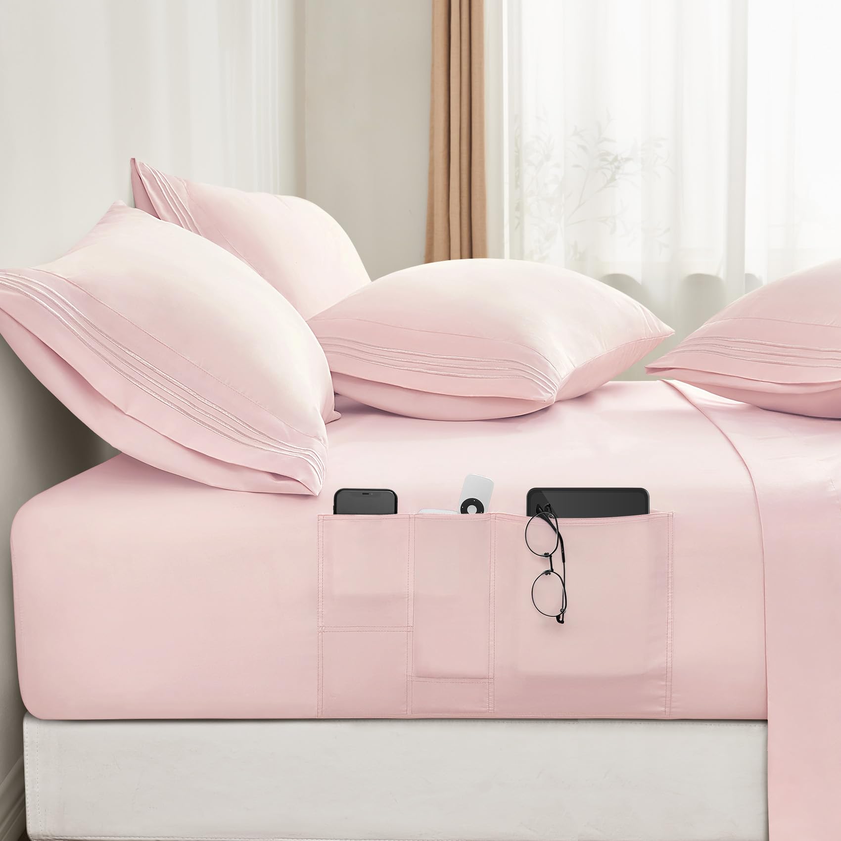 Bysure 6 Pieces Bed Sheets Set With Pockets On Side(Queen, Light Pink), Sweat-Wicking Breathable Sheets, 16-Inch Super Soft Hote