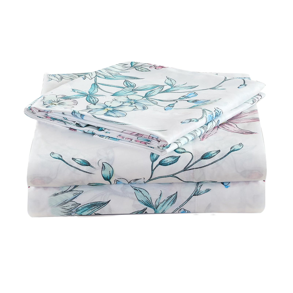 Jsd White Blue Floral Printed Sheet Set Cal King, 4 Piece Botanical Microfiber Sheets Extra Deep Pocket