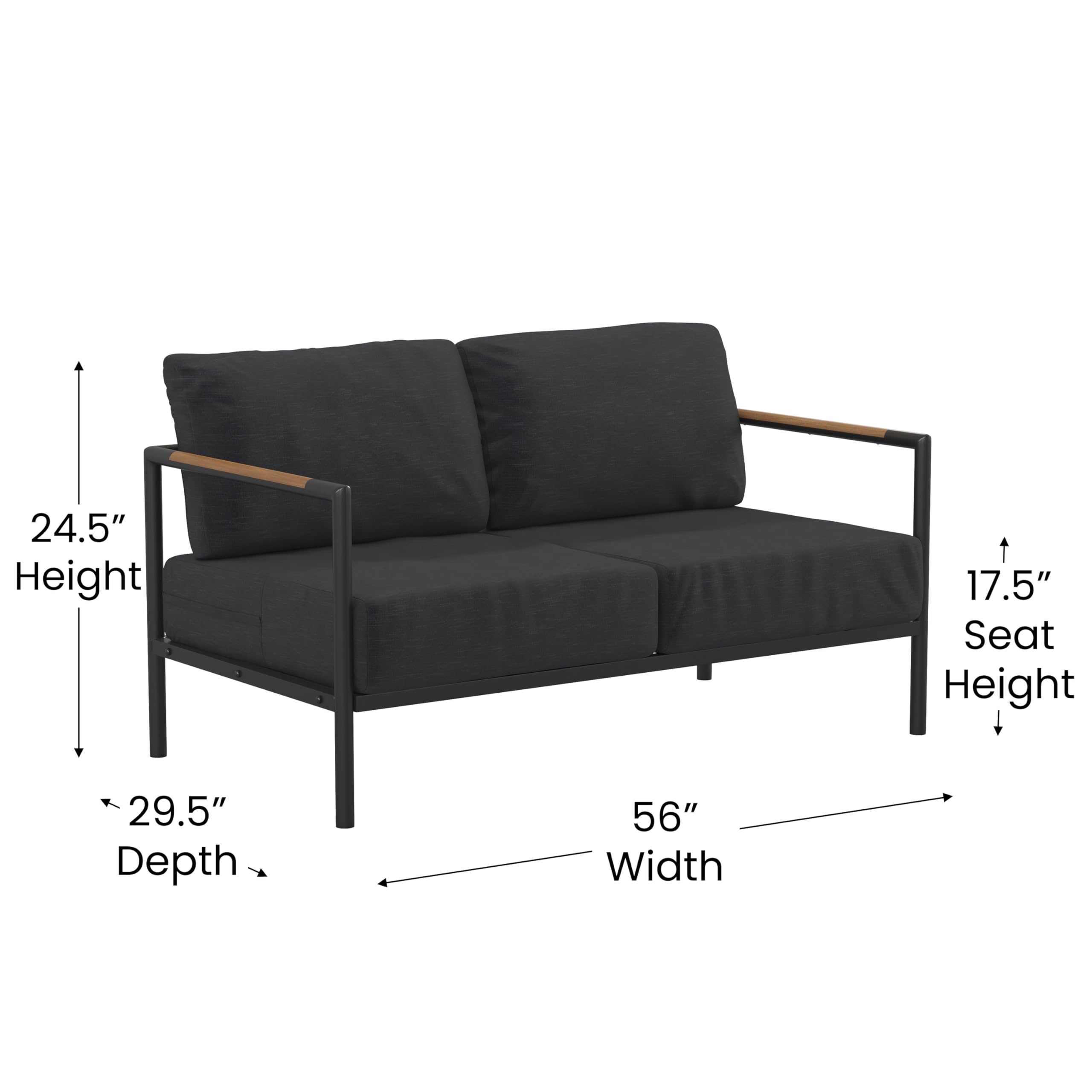 Flash Furniture Lea Indoor/Outdoor Loveseat with Cushions-Modern Aluminum Framed Loveseat with Teak Accent Arms, Black with Charcoal Cushions