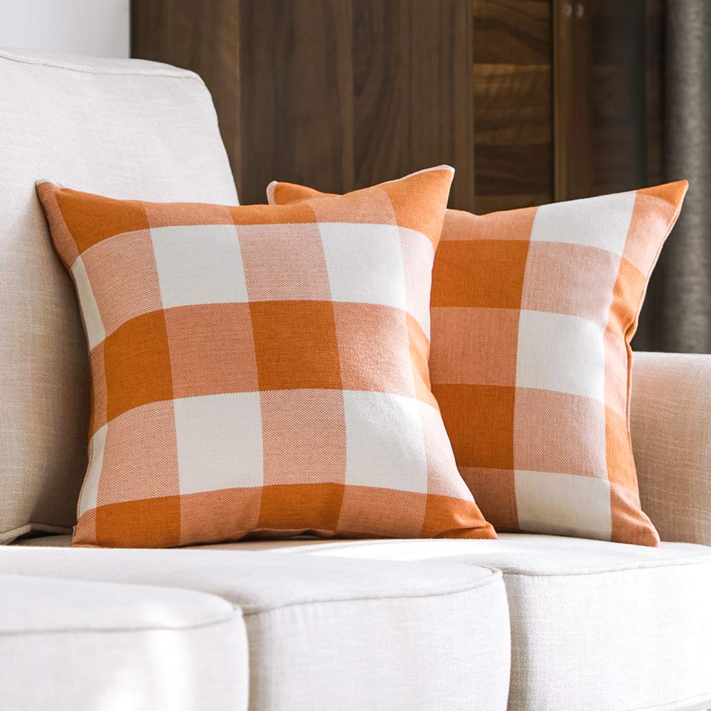 Miulee Pack Of 2 Fall Decorative Classic Farmhouse Buffalo Check Plaids Throw Pillow Covers Polyester Linen Soft Pillow Case Ora