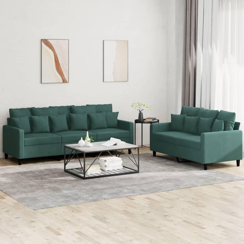vidaXL Sofa Set with Cushions 2-Piece Dark Green Velvet - Comfortable Seats with Sturdy Plywood and Metal Frame for Living Room and Office