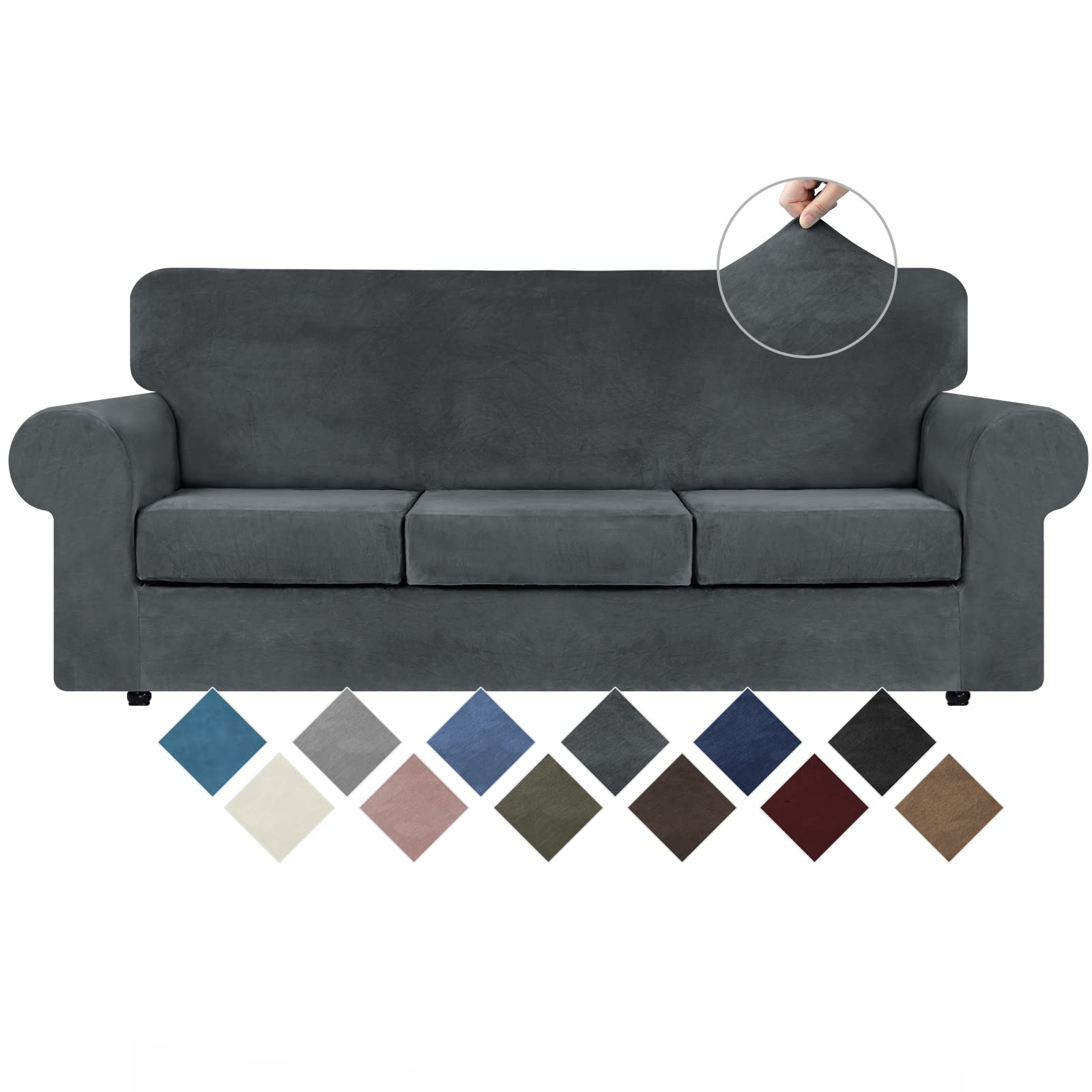 WEERRW 4 Pieces Velvet High Stretch Couch Covers for 3 Cushion Sofa Slipcovers, Washable Furniture Protector with Non Slip Elast