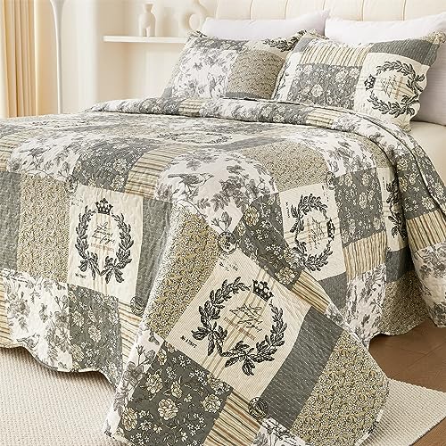 Floral Quilt Queen,3-Pcs Bird Pattern Queen Quilt Set,Lightweight Bedspread For Queen Size Bed,Grey Plaid Farmhouse Reversible B