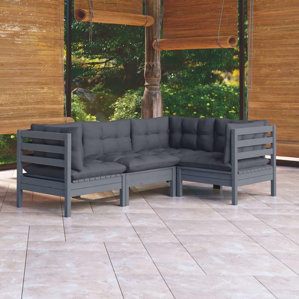 vidaXL Solid Pinewood Patio Lounge Set 4 Piece with Cushions Garden Outdoor Lawn Yard Terrace Balcony Wooden Seat Seating Furniture Gray