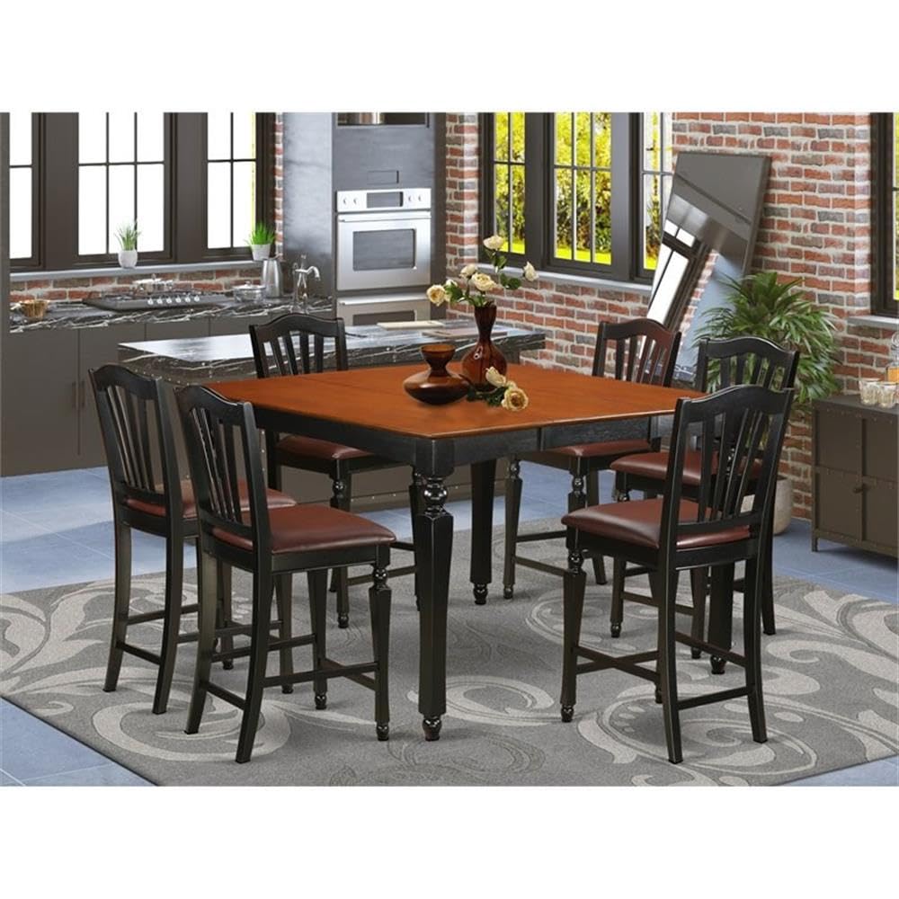 East West Furniture CHEL7-BLK-LC 7 Piece Kitchen Counter Set Consist of a Square Table with Butterfly Leaf and 6 Faux Leather Dining Room Chairs, 54x54 Inch