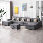 Lilola Home Nolan Gray Linen Fabric 6Pc Double Chaise Sectional Sofa with Interchangeable Legs, Storage Ottoman, and Pillows