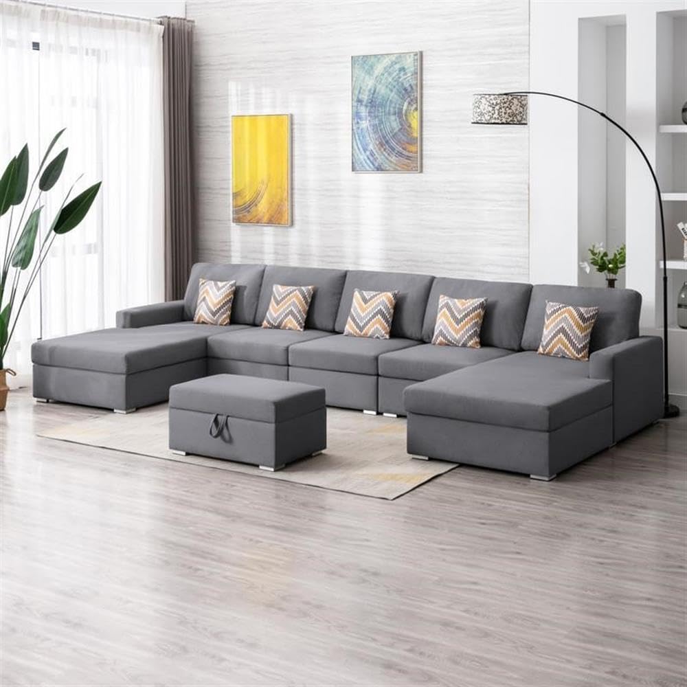 Lilola Home Nolan Gray Linen Fabric 6Pc Double Chaise Sectional Sofa with Interchangeable Legs, Storage Ottoman, and Pillows