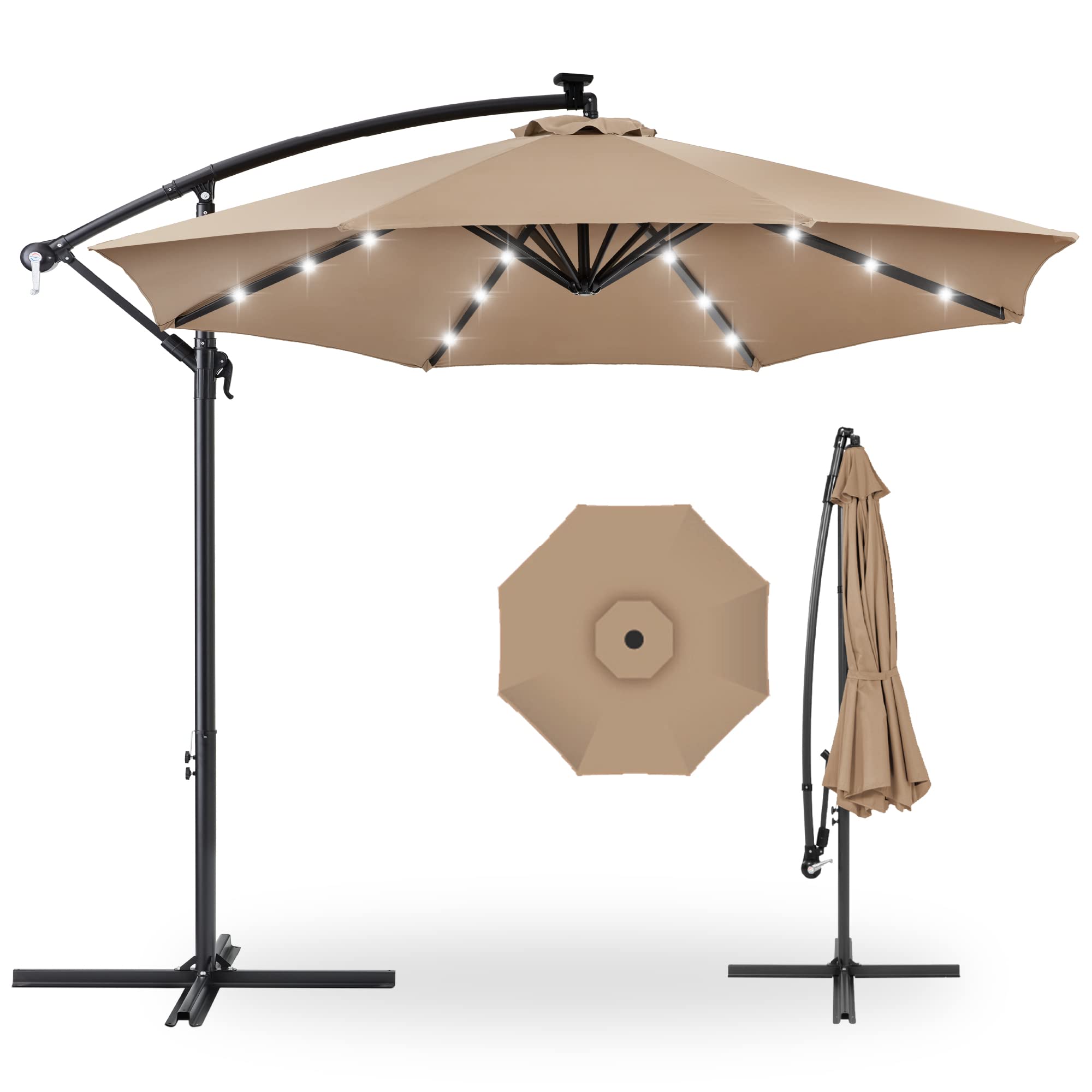 Best Choice Products 10ft Solar LED Offset Cantilever Hanging Market Patio Umbrella, 8 Sturdy Ribs, Easy Adjustment - Tan
