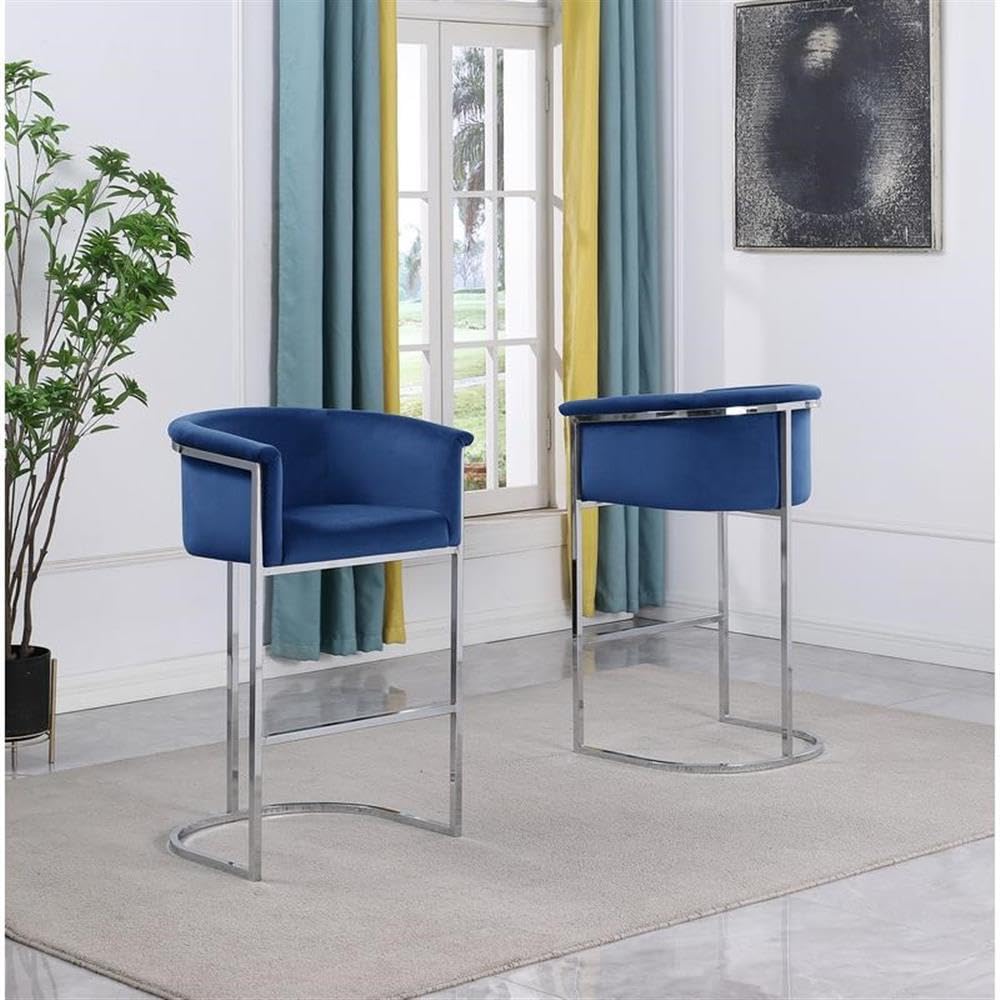 Bar Stools (Single) Navy Blue Velvet with Silver Iron Frame
