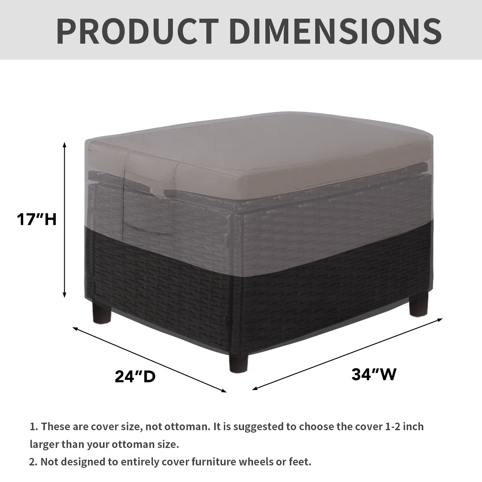 Easy-Going Outdoor Ottoman Cover, Waterproof Patio Ottoman Cover, Heavy Duty Outdoor Furniture Cover With Padded Handles (34'X24'X17', Gray/Black)