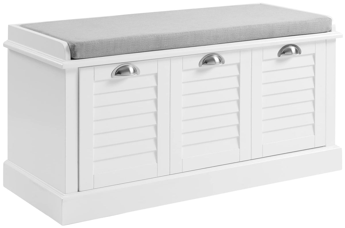 Crosley Furniture Ellison Entryway Storage Bench With Shoe Rack Organizer Drawer, White With Gray Cushion