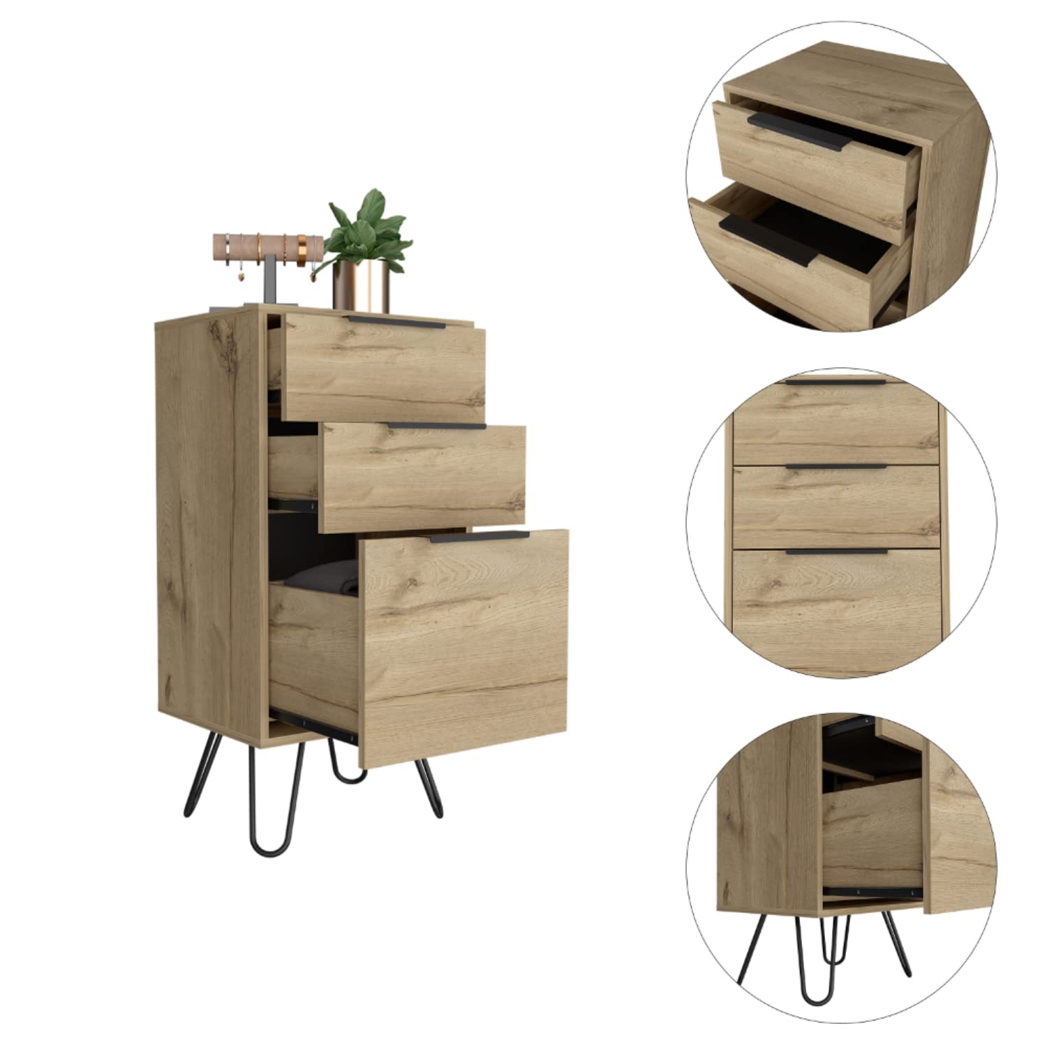 Light Dresser 35&Quot; H, 17&Quot; W, Superior Top,3 Drawers, Hairpin Legs, Light Oak