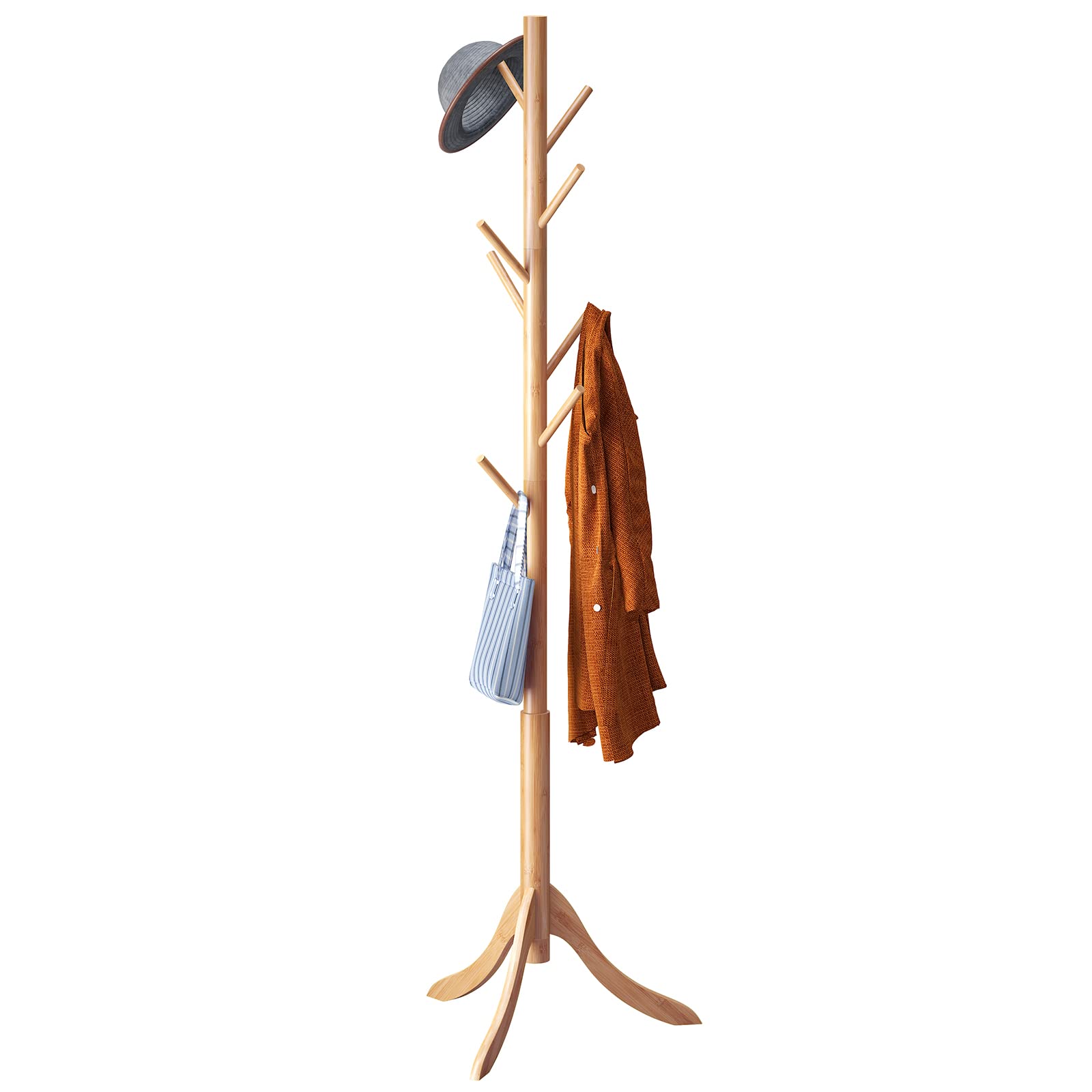 Coat Rack Freestanding, Coat Stands Entryway, Bamboo Coat Rack Hat Hanger 8 Hook For Jacket, Purse, Scarf Rack, Umbrella Tree Stand (Natural)