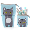Easthill Cartoon Cute Cat Pencil Pouch Canvas Pen Bag Standing Stationery Case Holder Box For Student (Blue)