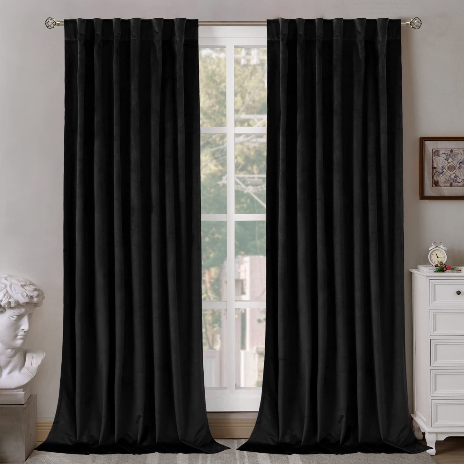 Bgment Black Velvet Curtains 120 Inches Long For Living Room, Thermal Insulated Room Darkening Curtains Drapes Window Treatment
