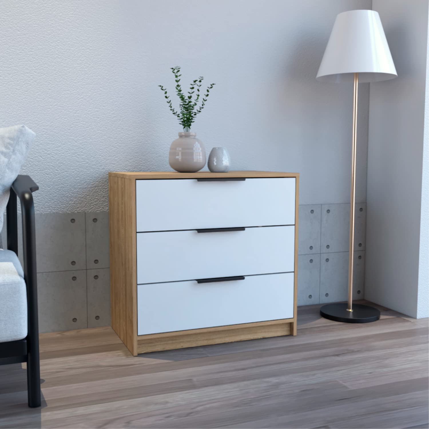 Dresser 27&quot; H, 3 Drawers Dresser, Superior Top, White/Light Oak