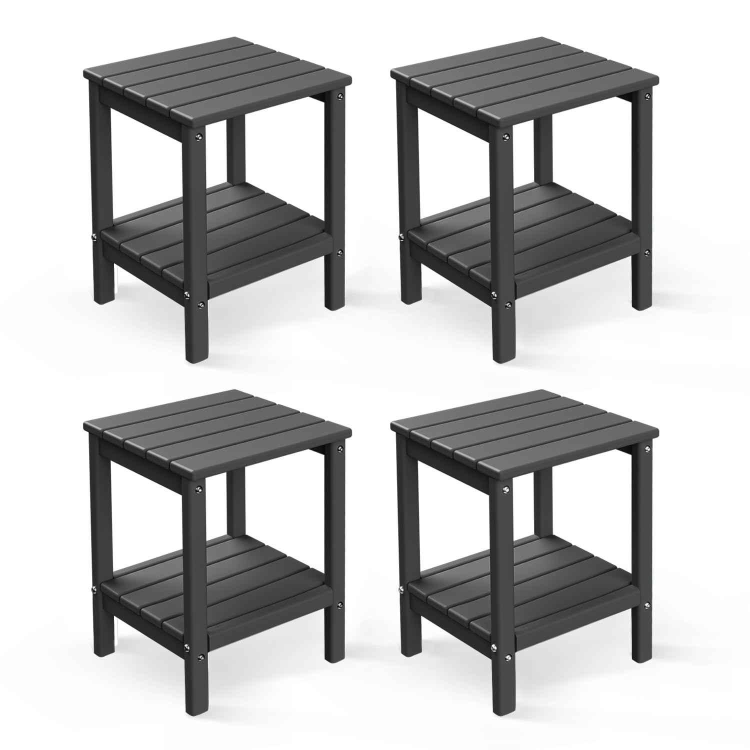 Greenvines Adirondack-Outdoor-Side-Table | Set Of 4 | 14 X 13 Inches | Hdpe Plastic | All Weather | Grey | Outside End Tables | Storage Shelf | For Patio Porch Backyard Indoor