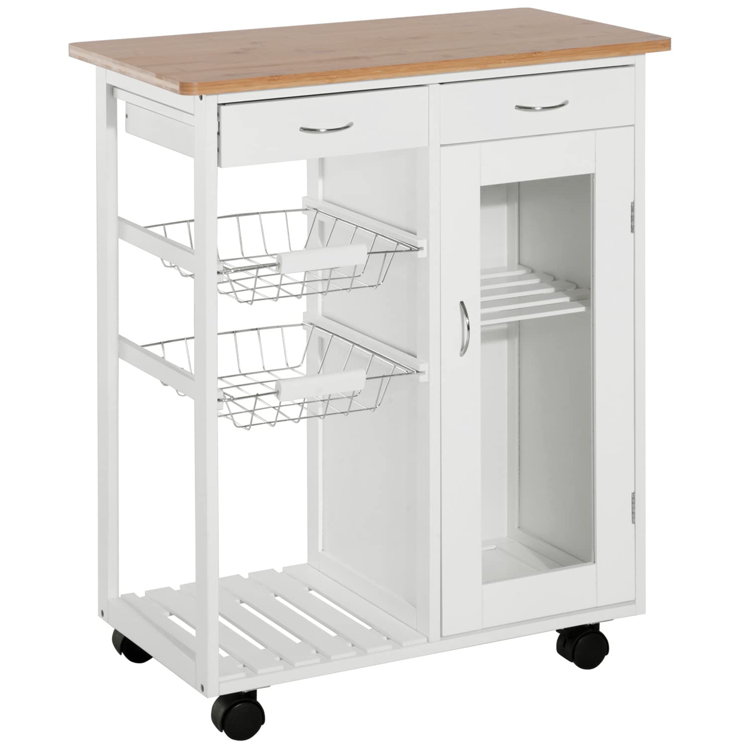 Homcom 28' Rolling Kitchen Island With Storage, Kitchen Cart With Solid Bamboo Top, Wire Basket,Door Cabinet And Drawers, White