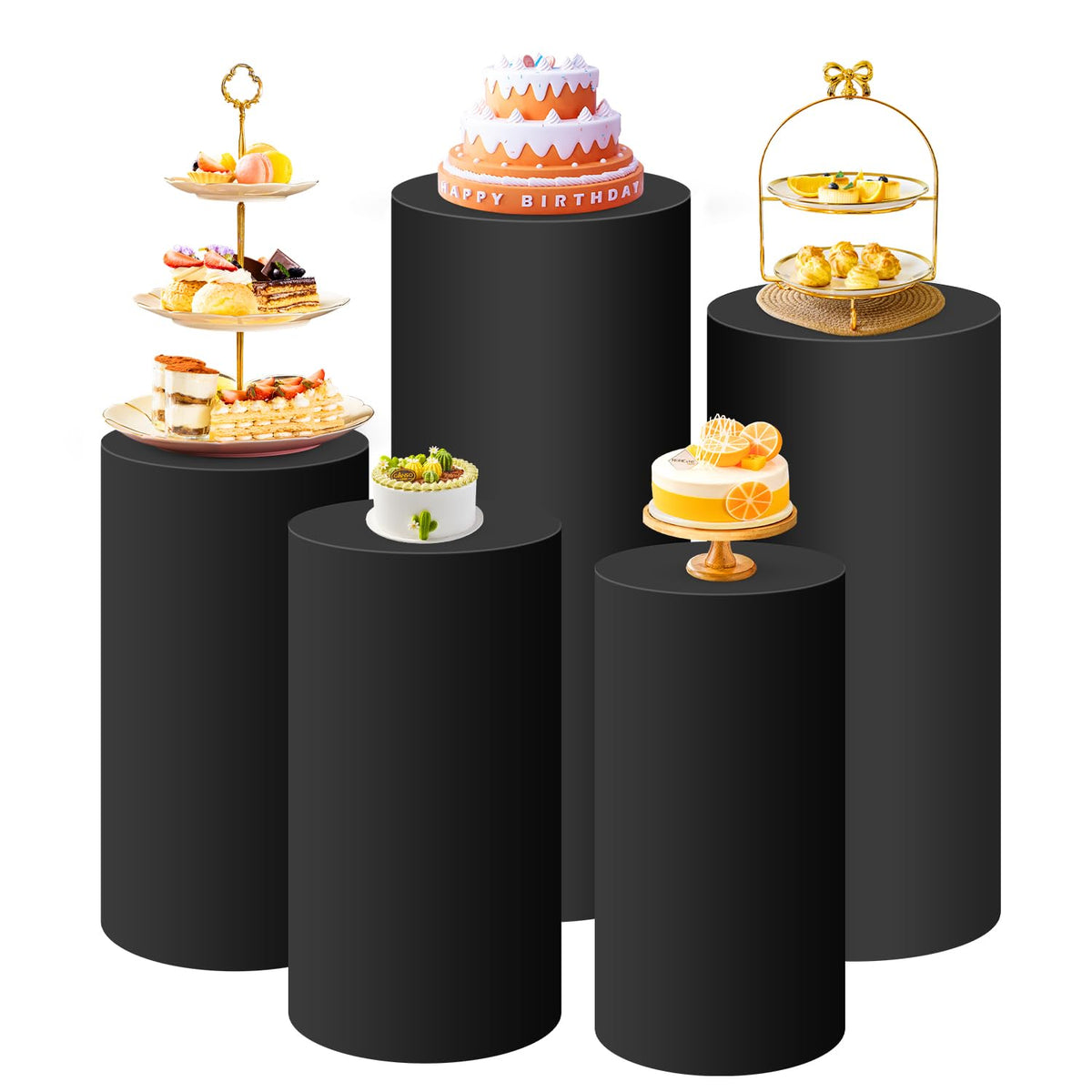 SaitiMade Set of 5 - Black Cylinder Pedestal Stand Covers, Flexible Cylinder Stand Covers for Party, Wedding or Birthday Event D
