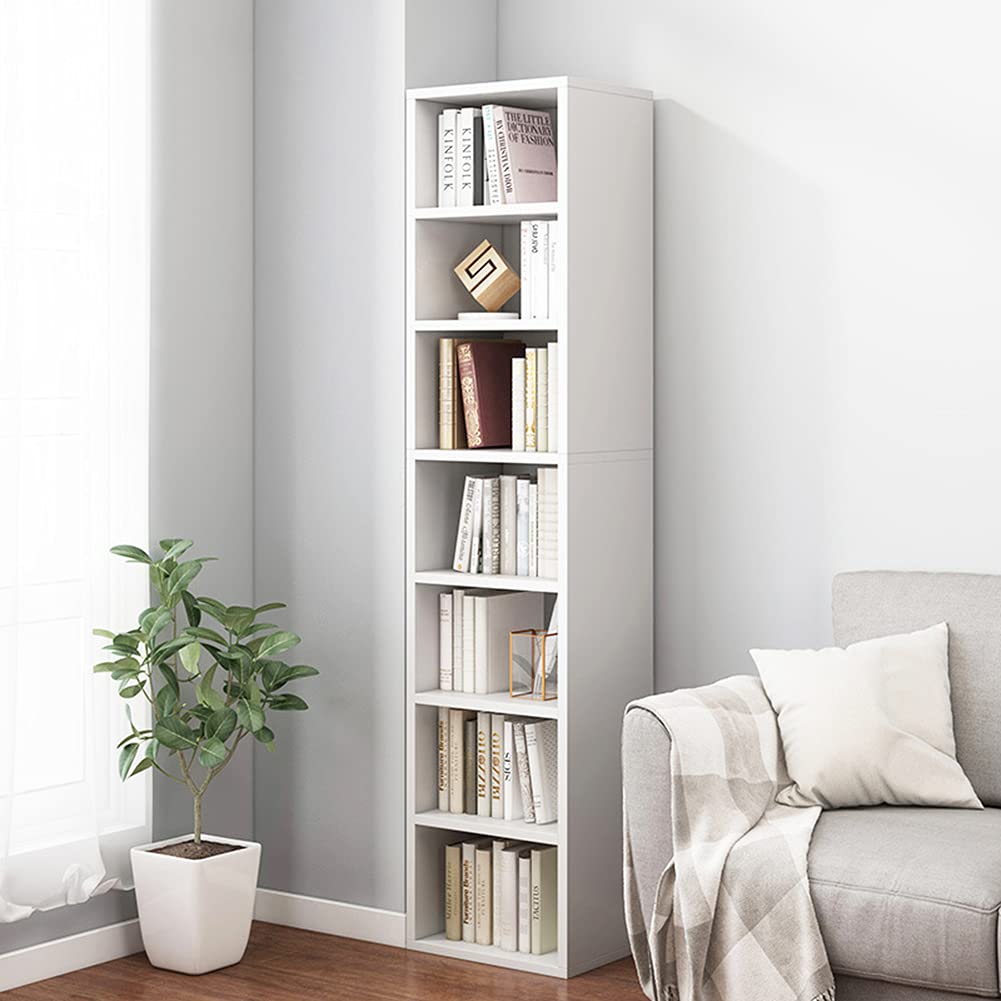IOTXY Small Narrow Corner Bookcase - 59 Inches Tall Gap Freestanding Storage Cabinet, 7 Lattices Open Shelves Tower Rack, Cubes 