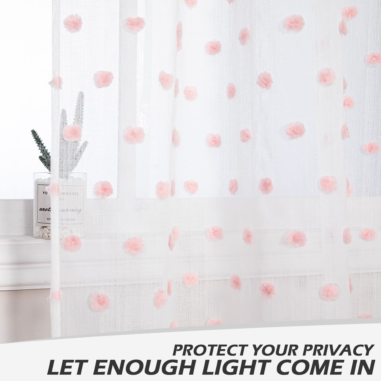 Mysky Home Pink Curtains For Girls Bedroom Nursery Pom Pom Curains For Girls Kids Room 63 Inch Long White Sheer Curtains For Dining Room Playroom Rod Pocket Window 38' X 63' 2 Pieces