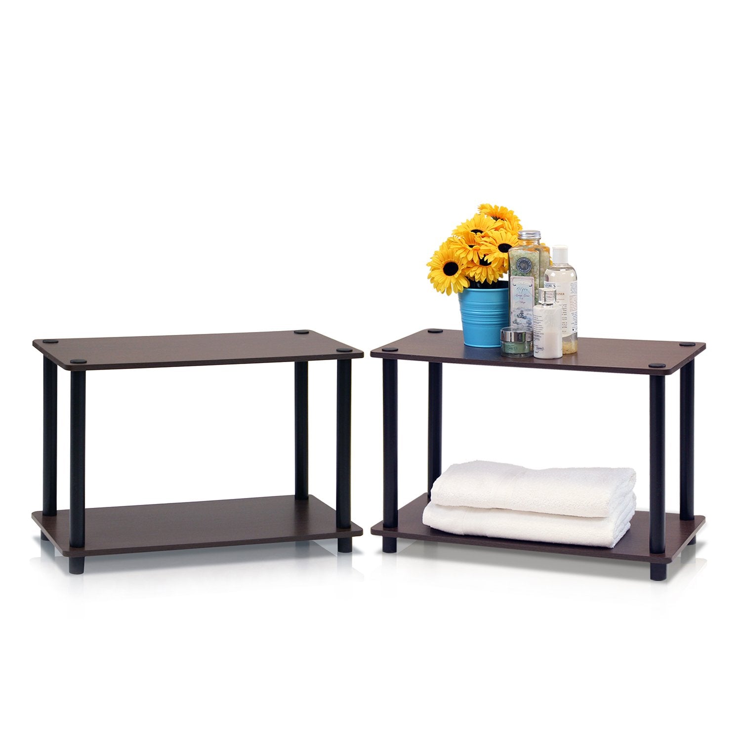 Furinno Turn-N-Tube 2-Tier Shelves/End Tables Set, 2-Pack, Dark Brown/Black