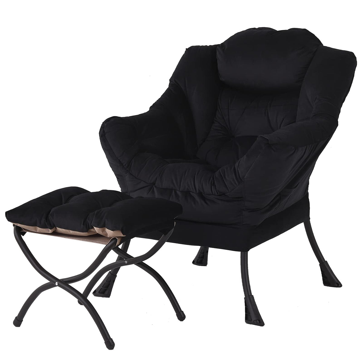 Welnow Lazy Chair With Ottoman, Modern Lounge Accent Chair With Armrests And A Side Pocket, Leisure Sofa Armchair, Reading Armchair With Footrest For Small Space, Black