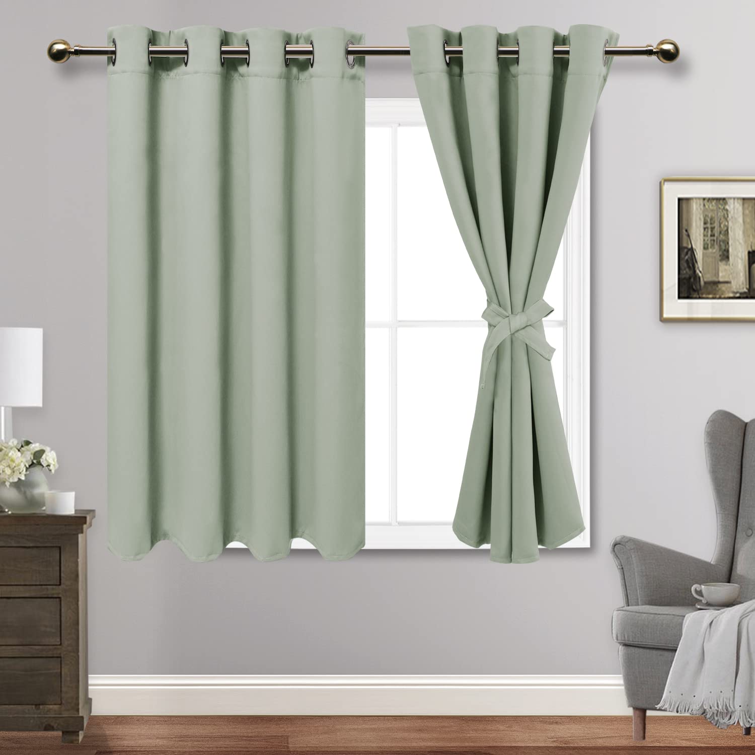 Jiuzhen Light Green Blackout Curtains With Tiebacks Thermal Insulated, Light Blocking And Noise Reducing Grommet Curtains For And Living Room, Set Of 2 Window Curtain Panels, 52 X 54 Inch Length