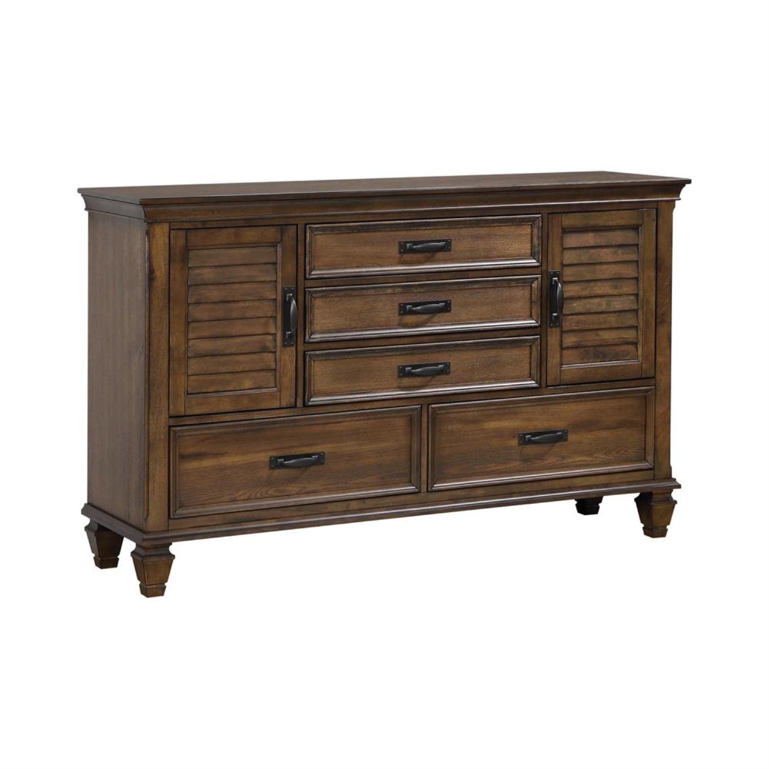 Franco 5-Drawer Dresser with 2 Louvered Doors Burnished Oak