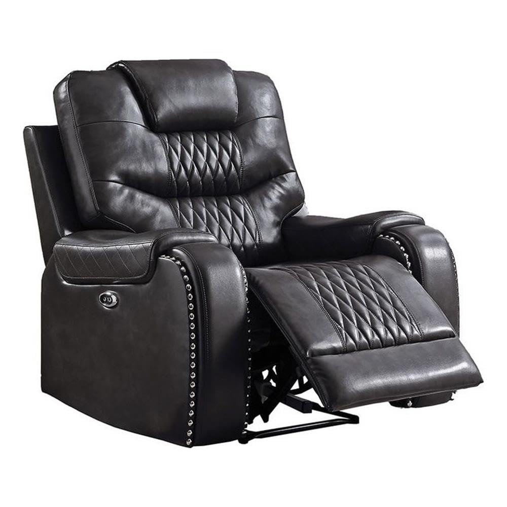 Acme Braylon Faux Leather Tufted Power Motion Recliner In Magnetite Dary Grey