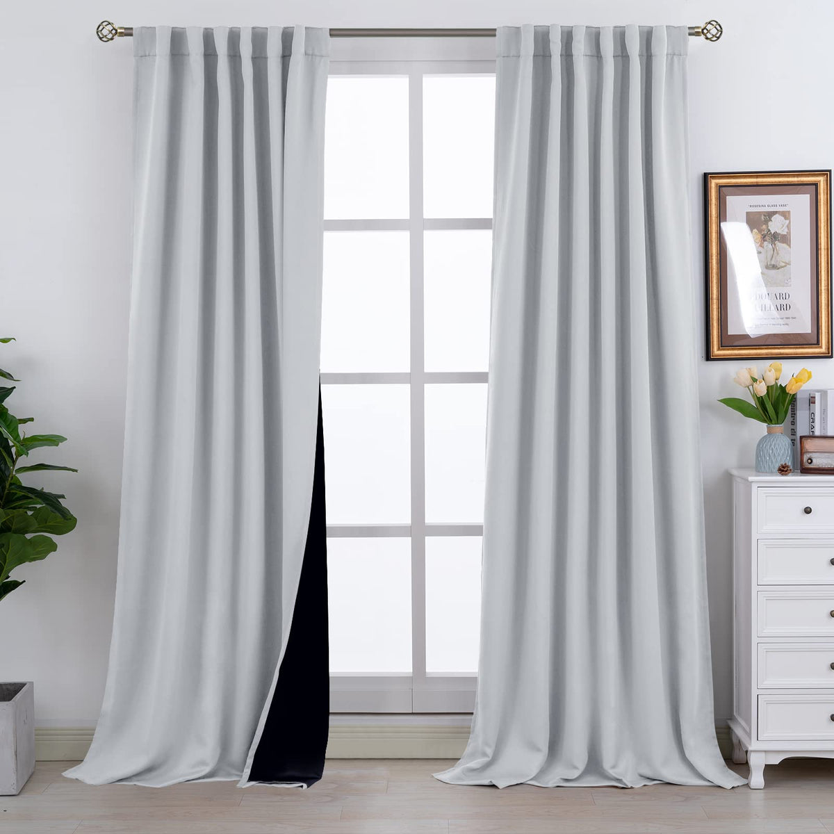 Bgment Light Grey 100% Blackout Curtains 108 Inches Long With Black Liner, Rod Pocket And Back Tab Double Layer Full Room Darken