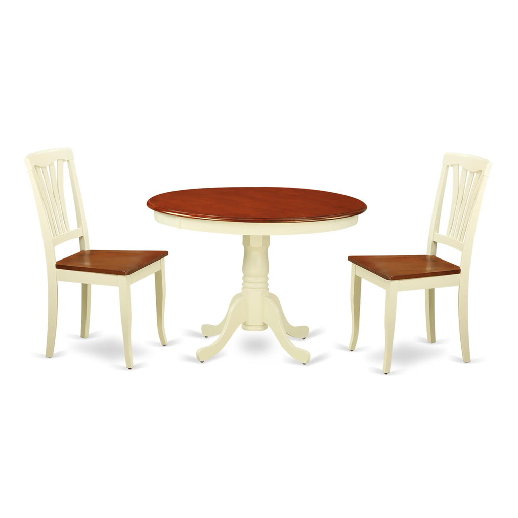 East West Furniture HLAV3-BMK-W 3 Piece Modern Dining Table Set Contains a Round Wooden Table with Pedestal and 2 Kitchen Dining Chairs, 42x42 Inch, Buttermilk & Cherry
