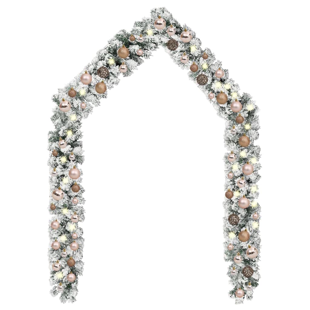 Vidaxl Christmas Garland With White Flocked Snow, Led Lights, And Balls – 16.4Ft Long - Green And Rose Gold Holiday Tree Decoration