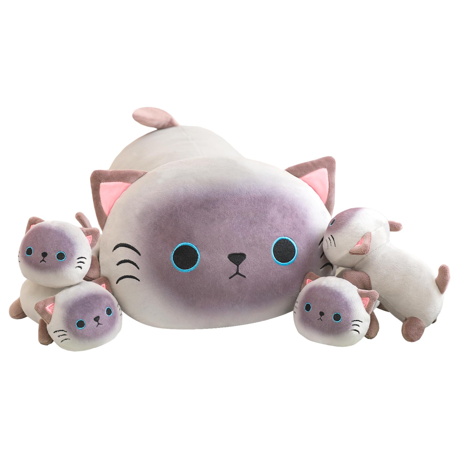 Toysym Siamese Cat Plush Cute Siamese Cat Stuffed Animal Pillow With 4 Baby Plushies In Her Tummy, Soft Cotton Stuffed Animals T