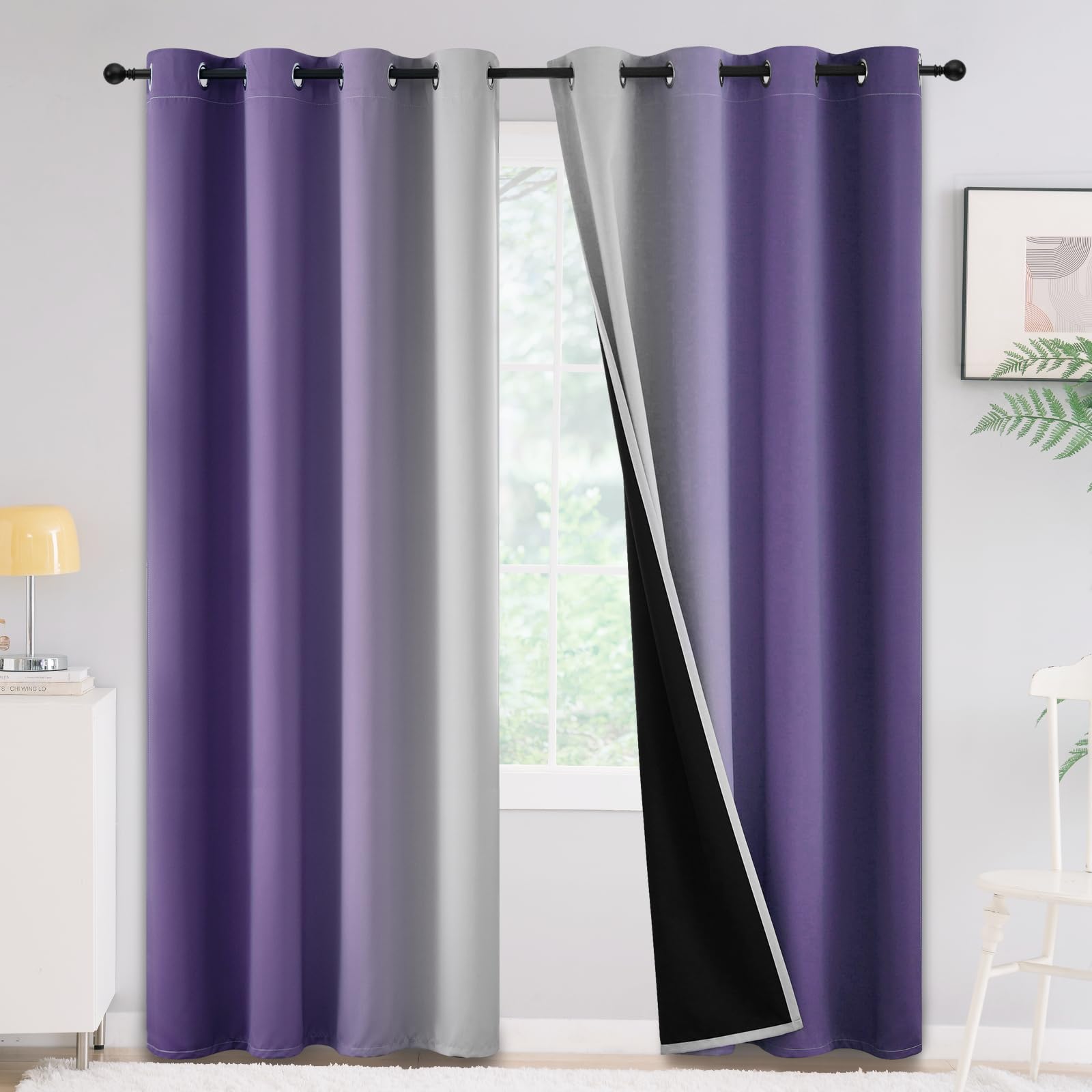 Yakamok Lavender Purple 100% Blackout Curtains For Bedroom,Ombre Room Darkening Curtains For Living Room Grommet Window Curtains