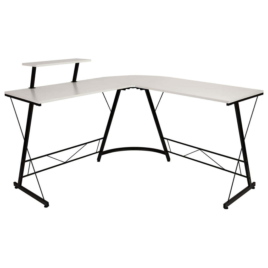 Flash Furniture Ginny Corner Desk - White/Black Space Saving L-Shaped Gaming Desk with Monitor Shelf - 71.5" 2-Tier Computer Desk, Home Office Desk, Easy Assembly