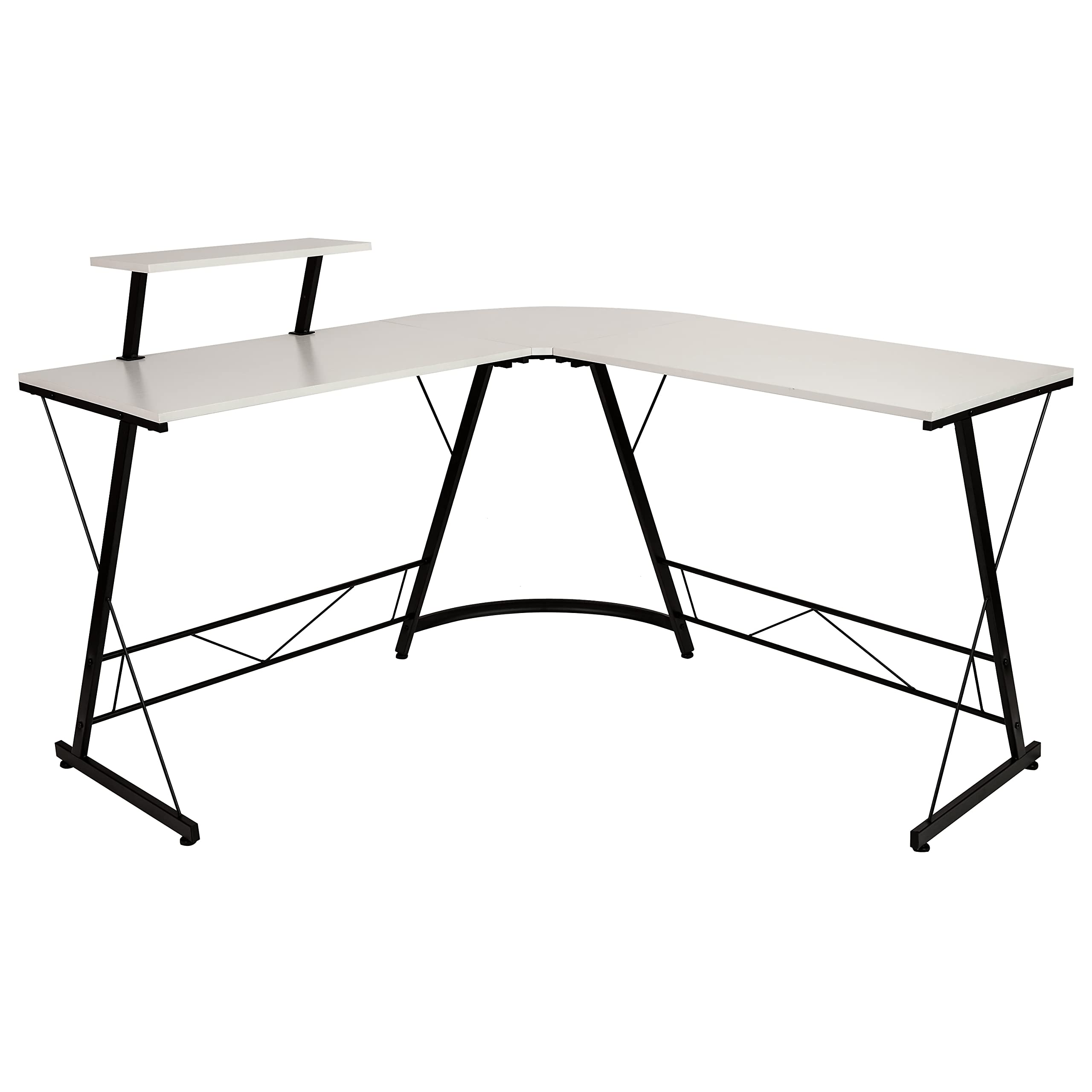 Flash Furniture Ginny Corner Desk - White/Black Space Saving L-Shaped Gaming Desk with Monitor Shelf - 71.5" 2-Tier Computer Desk, Home Office Desk, Easy Assembly