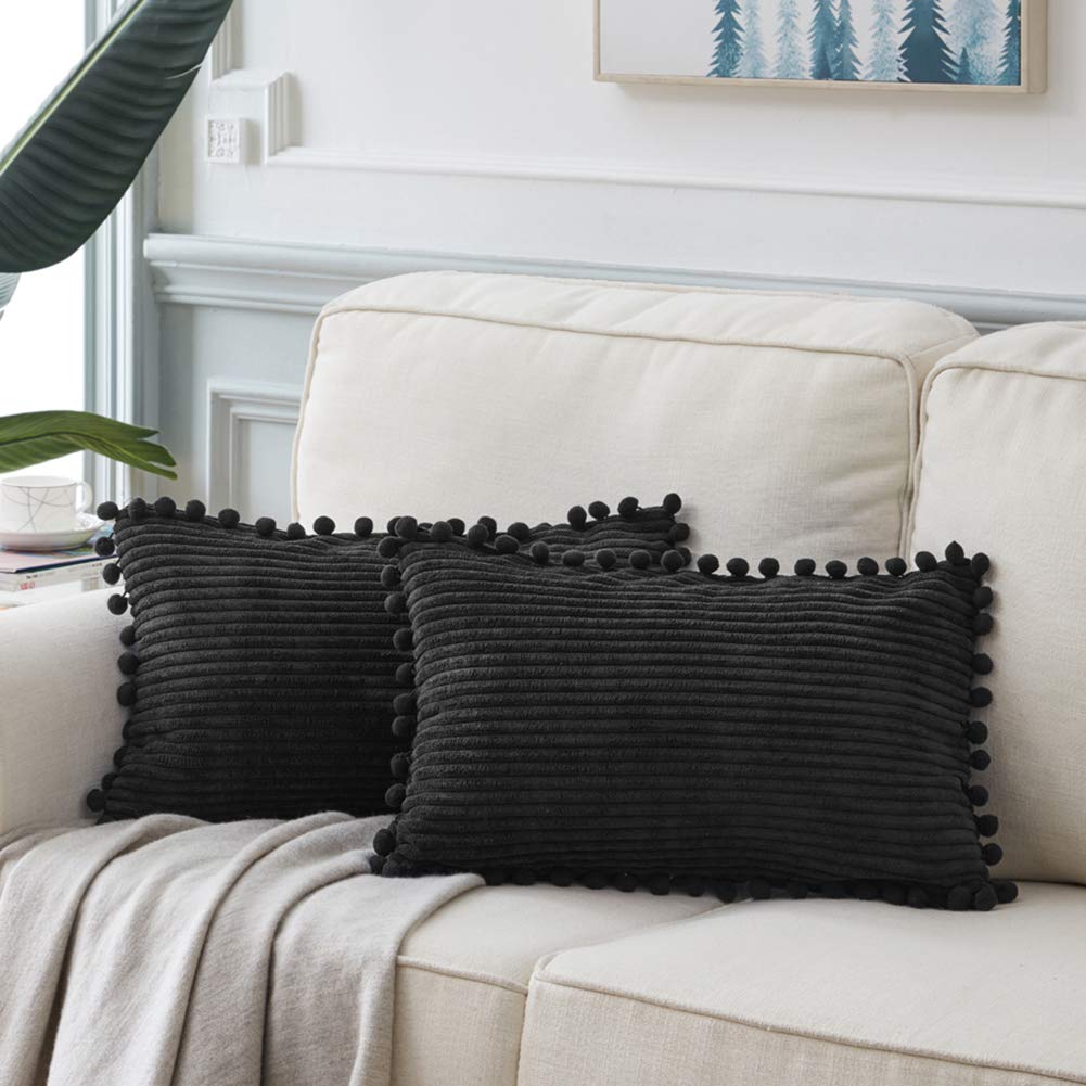 Fancy Homi Pack Of 2 Black Lumbar Decorative Throw Pillow Covers With Pom-Poms, Soft Corduroy Solid Rectangle Cushion Cases Set