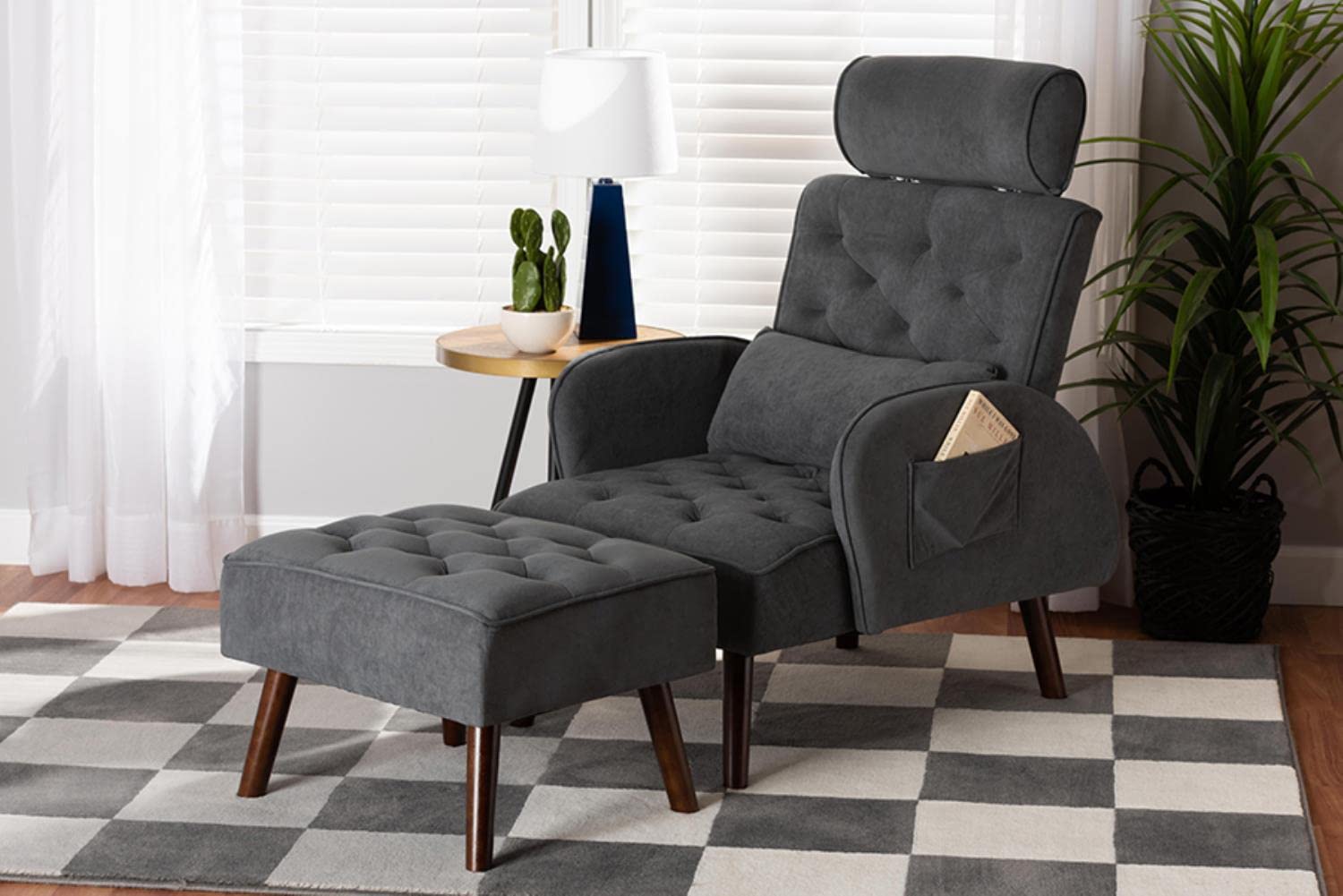 Baxton Studio Haldis Modern and Contemporary Grey Velvet Fabric Upholstered and Walnut Brown Finished Wood 2-Piece Lounge Chair and Ottoman Set