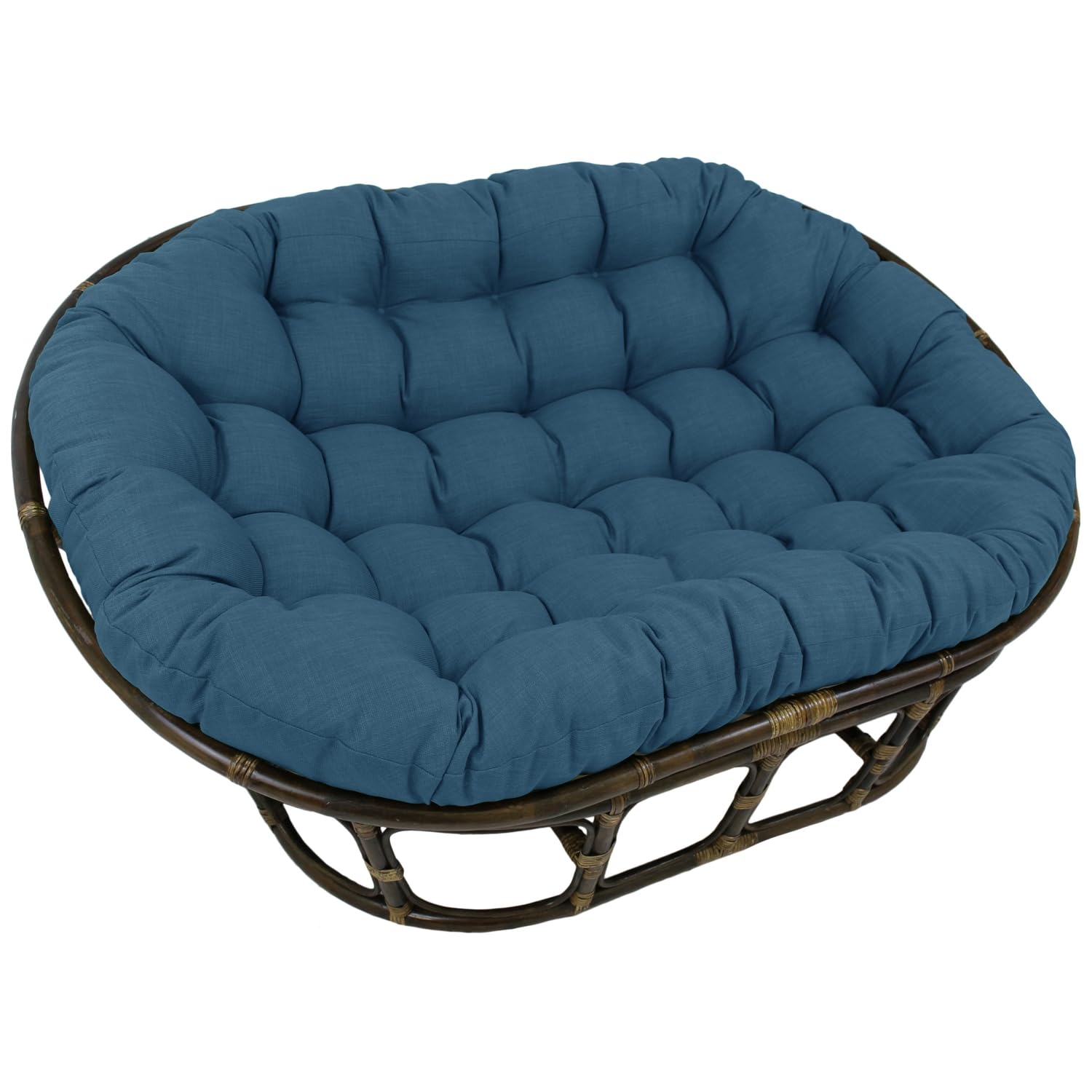 International Caravan Bali Rattan Double Papasan Chair with Solid All-Weather Cushion Sea Blue