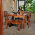 Custom Decor Carlsbade Solid Sheesham Wood 4 Seater Dining Table Set | With 3 Chairs And 1 Bench  Honey Teak Brown