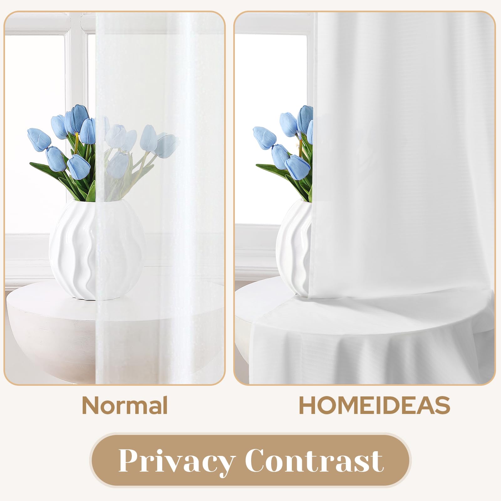 Homeideas Non-See-Through White Privacy Sheer Curtains 52 X 72 Inches Long 2 Panels Set, Fish Bone Pattern Semi Sheer Curtains L