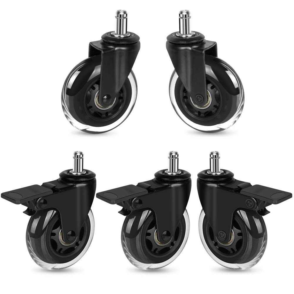 Hirate 5 Pack Chair Casters (3 with Brakes, 2 without), 3' Lockable Heavy Duty Swivel Caster Replacements Universal Stem 7/16'
