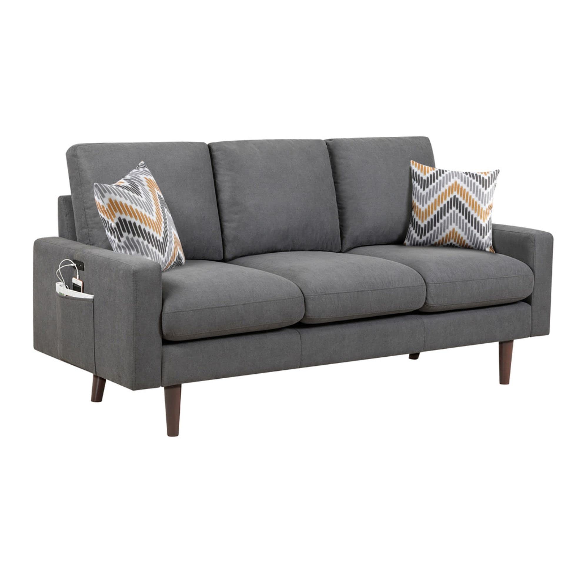 Lilola Home Abella Mid-Century Modern Dark Gray Woven Fabric Sofa and Loveseat Living Room Set with USB Charging Ports & Pillows