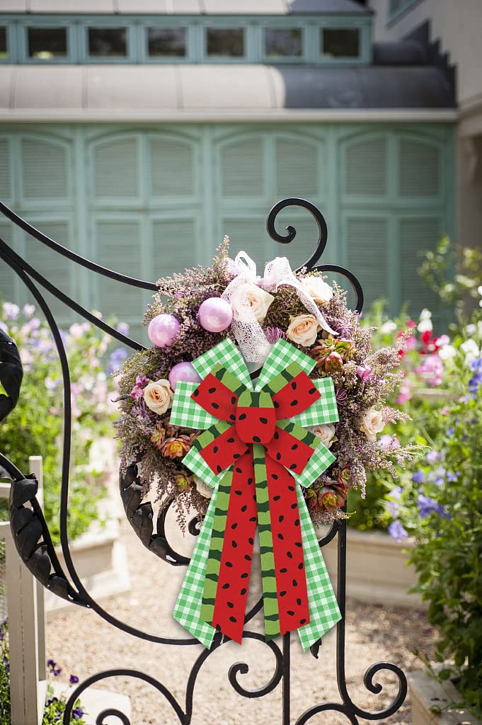 Large Summer Wreath Bows Summer Watermelon Green White Plaid Burlap Bows For Wreath, Summer Fruits Melon Ribbon Bows Tree Topper